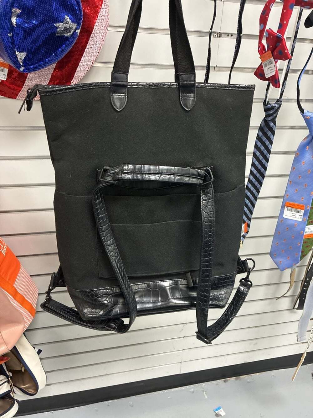 Béis Convertible Foldover Faux Croc Backpack Black Canvas